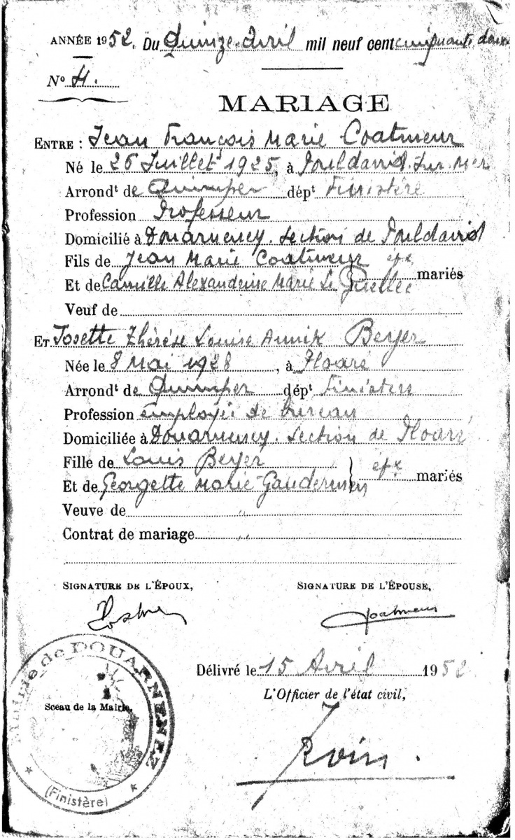 15 avril 1952 - mariage (état civil)