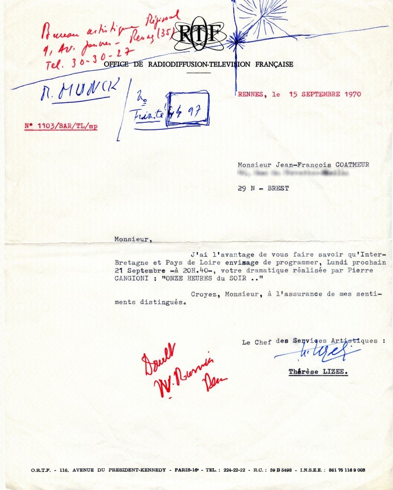 Courrier annonçant à Jean-François la programmation de sa pièce « Onze heures du soir » le 21 septembre 1970