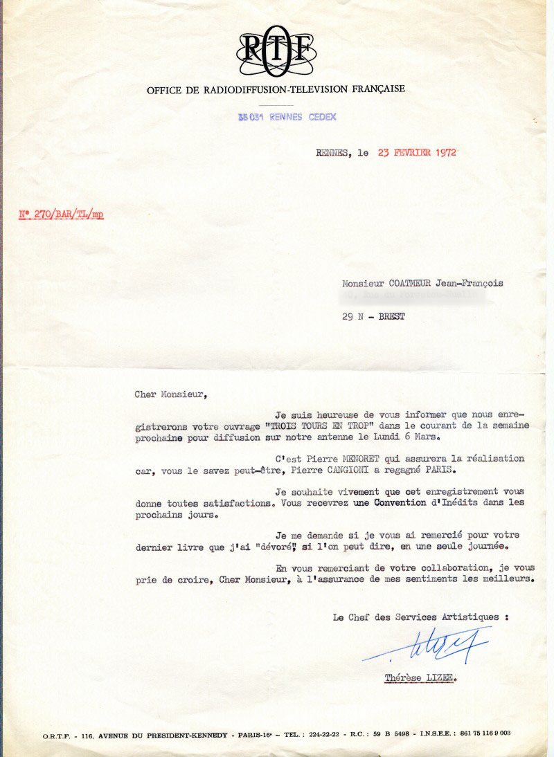 Lettre de l'ORTF annonçant l'enregistrement puis la diffusion de la pièce radiophonique « Deux tours en trop » le 6 mars 1972